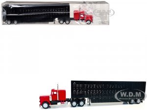 Peterbilt with Sleeper Cab Red with Black Livestock Trailer (HO) Plastic