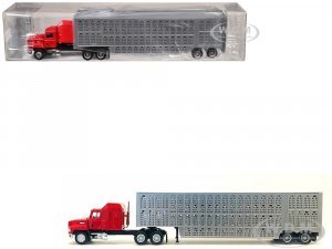 Mack CH 613 with Sleeper Cab Red with Silver Livestock Trailer (HO) Plastic