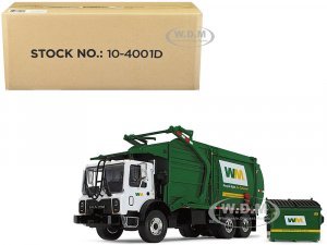 Mack TerraPro Waste Management Refuse Garbage Truck with Wittke Front Load White and Green with Garbage Bin