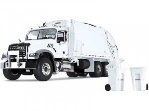 Mack Granite MP Refuse Garbage Truck with McNeilus Rear Loader & Trash Bins White