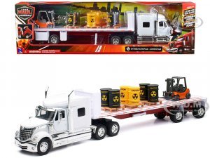 International Lonestar Flatbed Truck White with 6 Toxic Barrels 3 Pallets and Forklift Long Haul Trucker Series