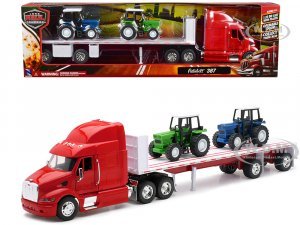 Peterbilt 387 Flatbed Truck Red with 2 Farm Tractors Blue and Green Long Haul Trucker Series