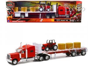 Peterbilt 389 Flatbed Truck Red with Farm Tractor Red and Hay Bales Long Haul Trucker Series