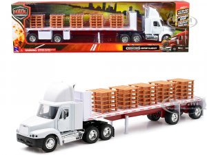 Freightliner Century Class S T Flatbed Truck White with Pallet Accessories Long Haul Trucker Series