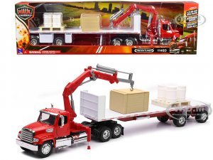 Freightliner 114SD Flatbed Truck with Crane Red with Accessories Long Haul Trucker Series