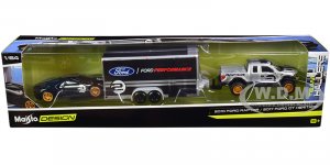 2010 Ford Raptor Pickup Truck Silver Metallic with 2017 Ford GT #2 Heritage Edition Black with Silver Stripes and Enclosed Car Trailer Black Ford Performance Team Haulers Series