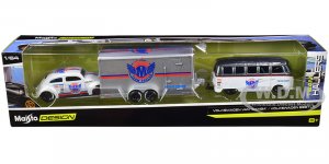 Volkswagen Samba Bus Dark Gray Metallic and White with Volkswagen Beetle White Metallic and Enclosed Car Trailer Silver Toyo Tires Team Haulers Series