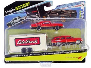 2006 Dodge Magnum R/T Red and Black and 1969 Dodge Charger R/T Red and Black with Enclosed Car Trailer Edelbrock Team Haulers Series