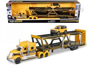 International Lonestar Open Car Hauler Yellow with Black Stripes and 2021 Ford Bronco Badlands Yellow with Black Top Transporters Series