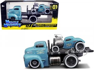 1950 Ford COE Flatbed Truck and 1933 Ford 3W Coupe #264 Matt Light Blue with Graphics (Weathered) Pablos Customs Muscle Transports Series