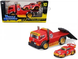 JDM Flatbed Truck #17 Red RAUH-Welt BEGRIFF and Porsche RWB 911 993 #17 Red Muscle Transports Series