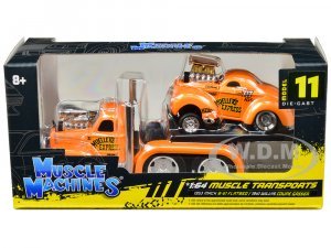 1953 Mack B-61 Flatbed Truck #717 and 1941 Willys Coupe Gasser #717 Orange Metallic Muellers Express Muscle Transports Series