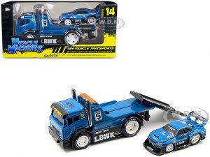 JDM Flatbed Truck #5 Blue Metallic Liberty Walk (LBWK) and 1999 Nissan Skyline GT-R (R34) #5 Blue Metallic Liberty Walk (LBWK) Muscle Transports Series