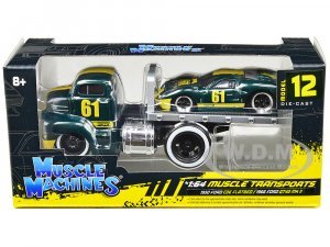 1950 Ford COE Flatbed Truck #61 and 1966 Ford GT40 MK II #61 Green Metallic with Yellow Stripes Muscle Transports Series