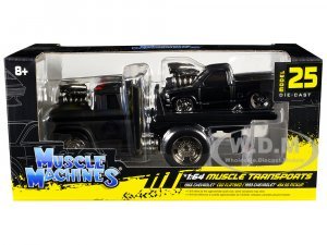 1966 Chevrolet C60 Flatbed Truck Matt Black and 1993 Chevrolet 454 SS Pickup Truck Matt Black Muscle Transports Series