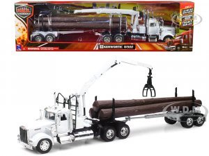 Kenworth W900 Log Hauler with Grabber White with Log Accessories Long Haul Trucker Series
