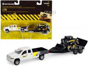 RAM 2500 Pickup Truck White with New Holland L170 Skid Steer Loader and Flatbed Trailer Set of 3 pieces