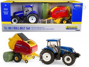 New Holland T6.180 Tractor Blue with New Holland Roll-Belt 560 Baler Red and 3 Bales Set of 3 pieces