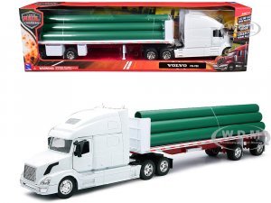 Volvo VN-780 Truck with Flatbed Trailer and Long Pipes White Long Haul Truckers Series