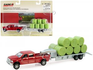 Dodge Ram 2500 Heavy Duty Pickup Truck Red with Flatbed Trailer Silver and 11 Hay Bales Set of 3 pieces Case IH Agriculture Series