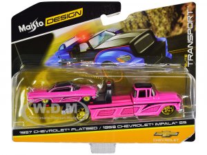 1957 Chevrolet Flatbed Truck and 1959 Chevrolet Impala SS Hot Pink with Black Top and Graphics Elite Transport Series