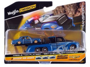 Missile Tow Flatbed Truck Blue Metallic and Black with Graphics and 1987 Chevrolet Caprice Lowrider Blue Metallic with Graphics Elite Transport Series