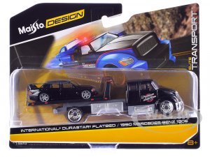 International Durastar Flatbed Truck Black Premium Auto Car and 1990 Mercedes-Benz 190E Black Elite Transport Series