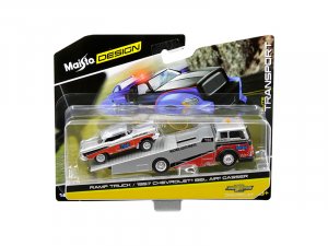 1957 Chevrolet Bel Air Gasser #786 Silver and Red with Ramp Tow Truck Elite Transport