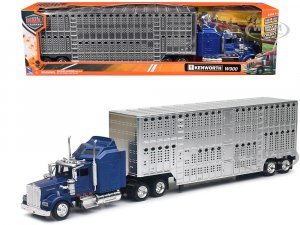 Kenworth W900 Truck Blue with Potbelly Livestock Trailer Chrome Long Haul Truckers Series