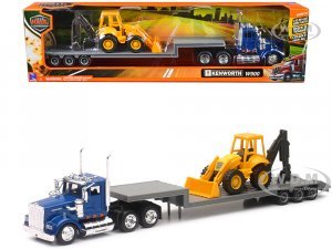 Kenworth W900 Truck with Lowboy Trailer Blue and Backhoe Yellow Long Haul Trucker Series