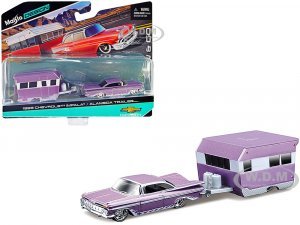 1959 Chevrolet Impala Purple Metallic with White Graphics and Alameda Trailer Purple Metallic and White Tow & Go Series