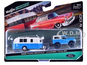 1966 Ford Bronco Blue with White Top and Camper Trailer Blue and White Tow & Go Series
