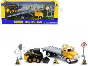Peterbilt Roll-Off Flatbed Truck Yellow and New Holland L228 Skid Steer Yellow with Road Signs New Holland Construction Series