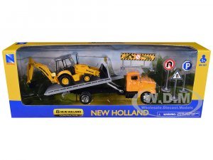 Peterbilt 335 Roll-Off Flatbed Truck and New Holland B110C Backhoe Loader with Street Signs New Holland Construction