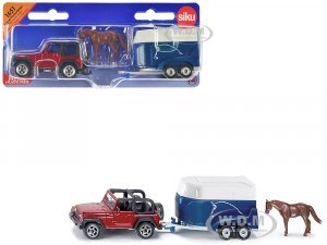 Jeep Red with Horse Trailer Blue and Horse Accessory
