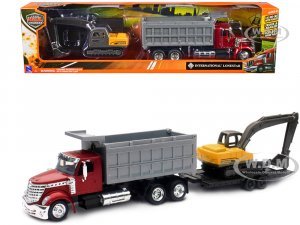 International Lonestar Dump Truck Red and Tracked Excavator Yellow with Flatbed Trailer Long Haul Truckers Series
