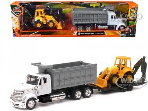 International Lonestar Dump Truck White and Wheel Loader Yellow with Flatbed Trailer Long Haul Truckers Series