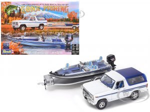 Level 5 Model Kit 1980 Ford Bronco with Bass Boat and Flatbed Trailer Set Scale Model by Revell