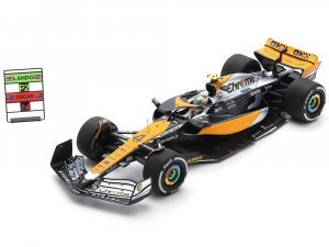 McLaren MCL60 #4 Lando Norris Chrome 2nd Place Formula One F1 British GP (2023) and Acrylic Display Case and Pit Board