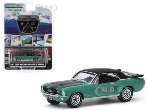 1967 Ford Mustang Coupe Loveland Green Metallic with Black Stripes and Black Top and a Pair of Skis Ski Country Special Hobby Exclusive