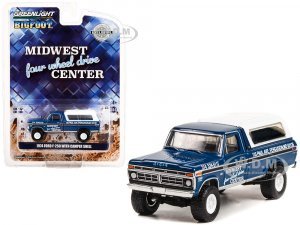 1974 Ford F-250 Pickup Truck with Camper Shell Blue Metallic with Black Stripes Bigfoot - Midwest Four Wheel Drive Center Hobby Exclusive