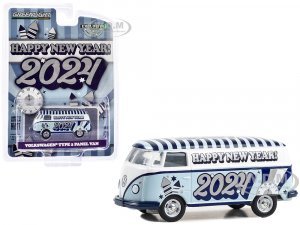 Volkswagen Type 2 Panel Van Happy New Year 2024 Light Blue and White with Striped Top Hobby Exclusive Series