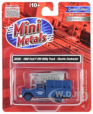 1960 Ford F-250 Utility Truck Electric Contractor Dark Blue  (HO) Scale Model by Classic Metal Works