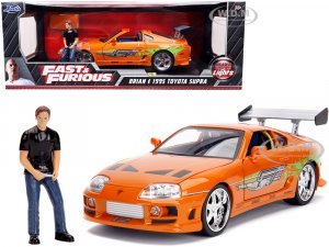 1995 Toyota Supra Orange Metallic with Lights and Brian Figurine Fast & Furious Movie