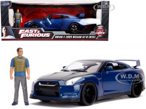 2009 Nissan GT-R (R35) Blue Metallic and Carbon with Lights and Brian Figurine Fast & Furious Movie
