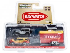 2016 Ford Explorer Emerald Bay Beach Patrol Lifeguard Yellow and Red with 2013 Jeep Wrangler Rubicon Gray and Enclosed Car Hauler Baywatch (2017) Movie Hollywood Hitch & Tow Series 11