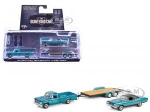 1969 Plymouth GTX Turquoise Metallic and 1967 Dodge D-200 Pickup Truck Turquoise Metallic with Flatbed Trailer Graveyard Carz (2012-Current) TV Series Hollywood Hitch & Tow Series 13