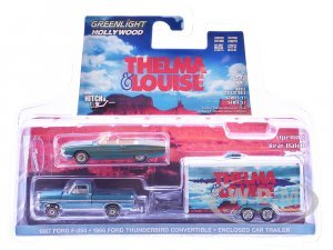 1966 Ford Thunderbird Convertible Blue (Dust Covered) and 1967 Ford F-250 Pickup Truck Blue with Enclosed Car Hauler Thelma & Louise (1991) Movie Hollywood Hitch & Tow Series 13