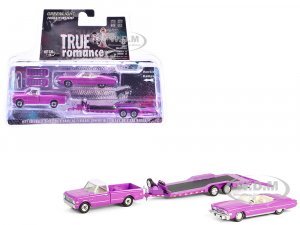 1974 Cadillac Eldorado Convertible Pink and 1972 Chevrolet C-30 Pickup Truck Pink with Heavy Duty Car Hauler True Romance (1993) Movie Hollywood Hitch & Tow Series 13
