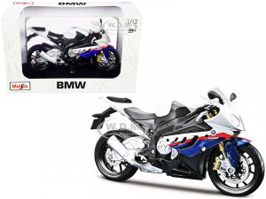 BMW S 1000 RR White with Blue and Red Stripes with Plastic Display Stand
